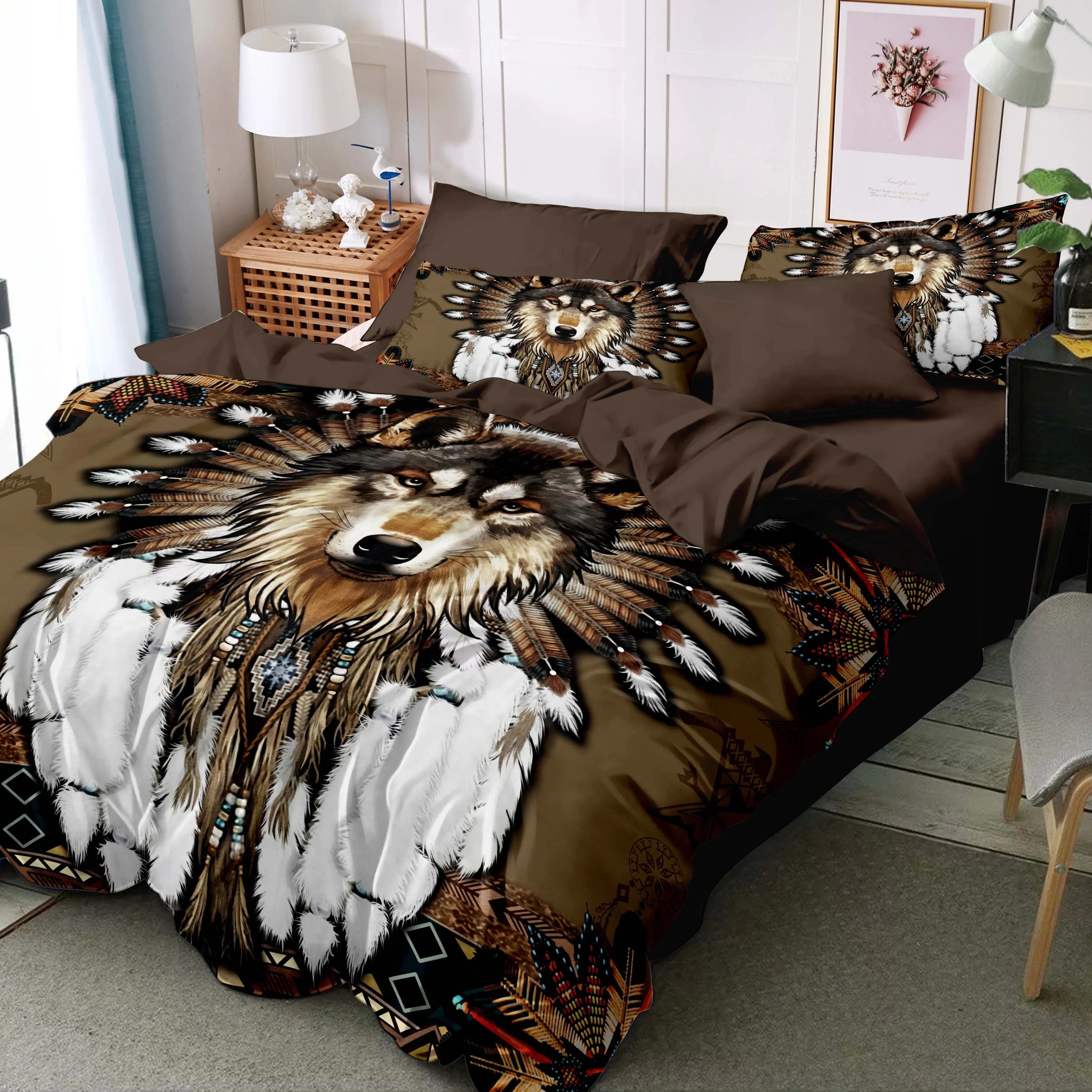 2/3pcs Dreamcatcher Bedding Set - Soft, Comfortable, Ethnic-Inspired Duvet Cover Set with Wolf Pattern for Country-Style Bedroom Decoration - 1 Duvet Cover   1/2 Pillowcase, Coreless, Easy Care, Hypoallergenic, and Breathable