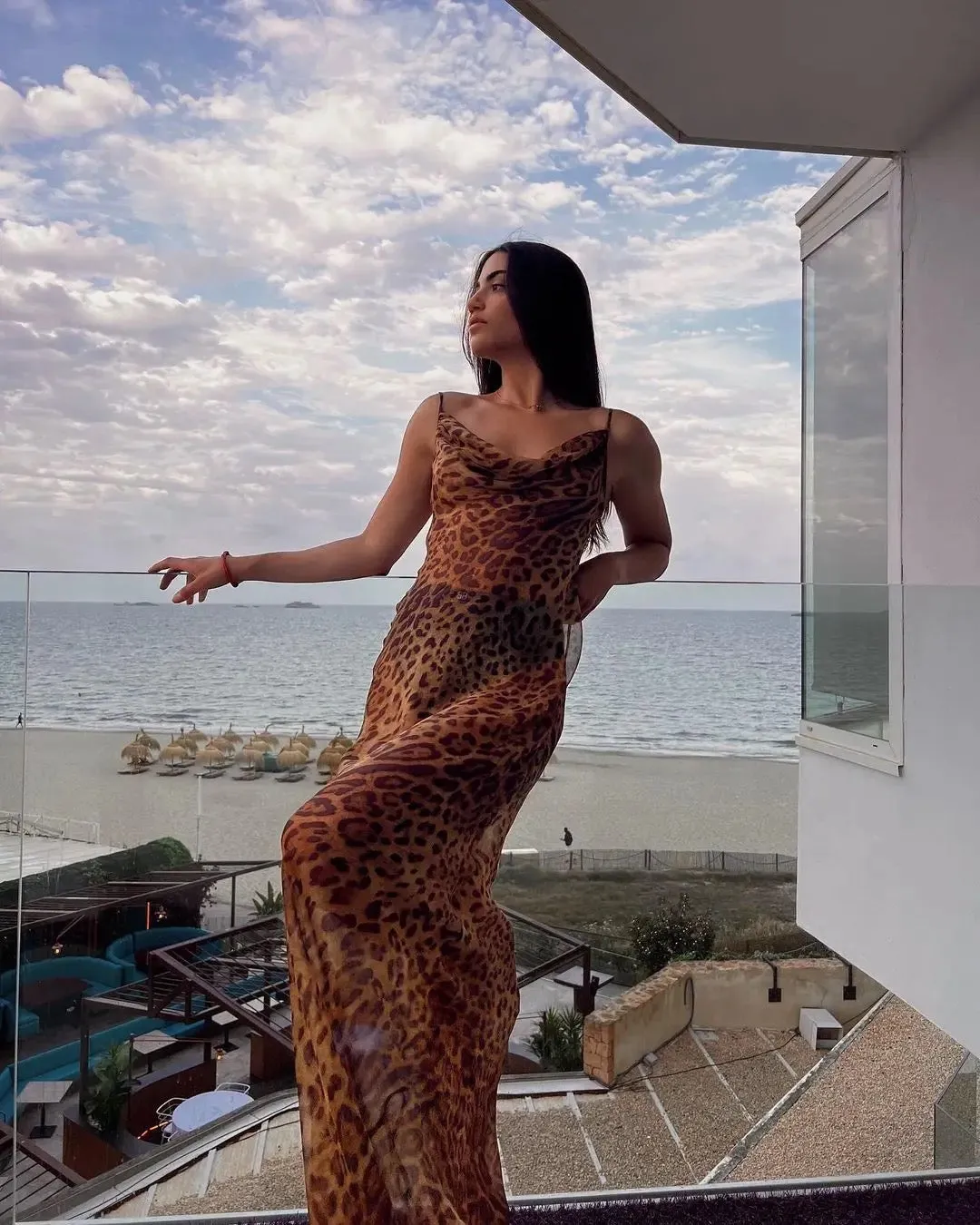 A&A Mesh Sheer Leopard Print Bodycon Maxi Dress