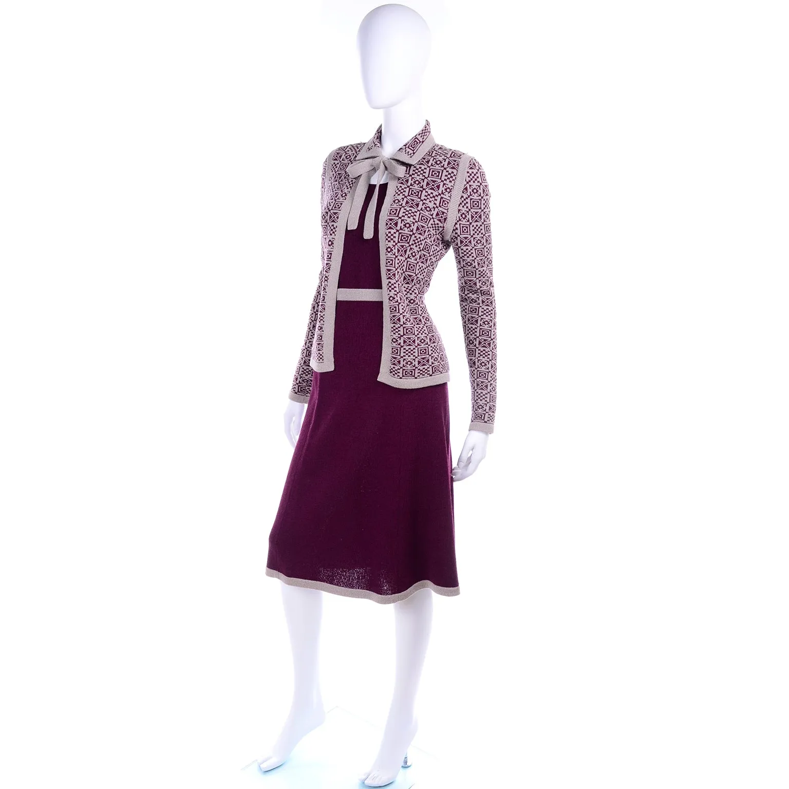 Adolfo 1970s Vintage 2pc Dress & Bow Cardigan Suit in Burgundy & Tan