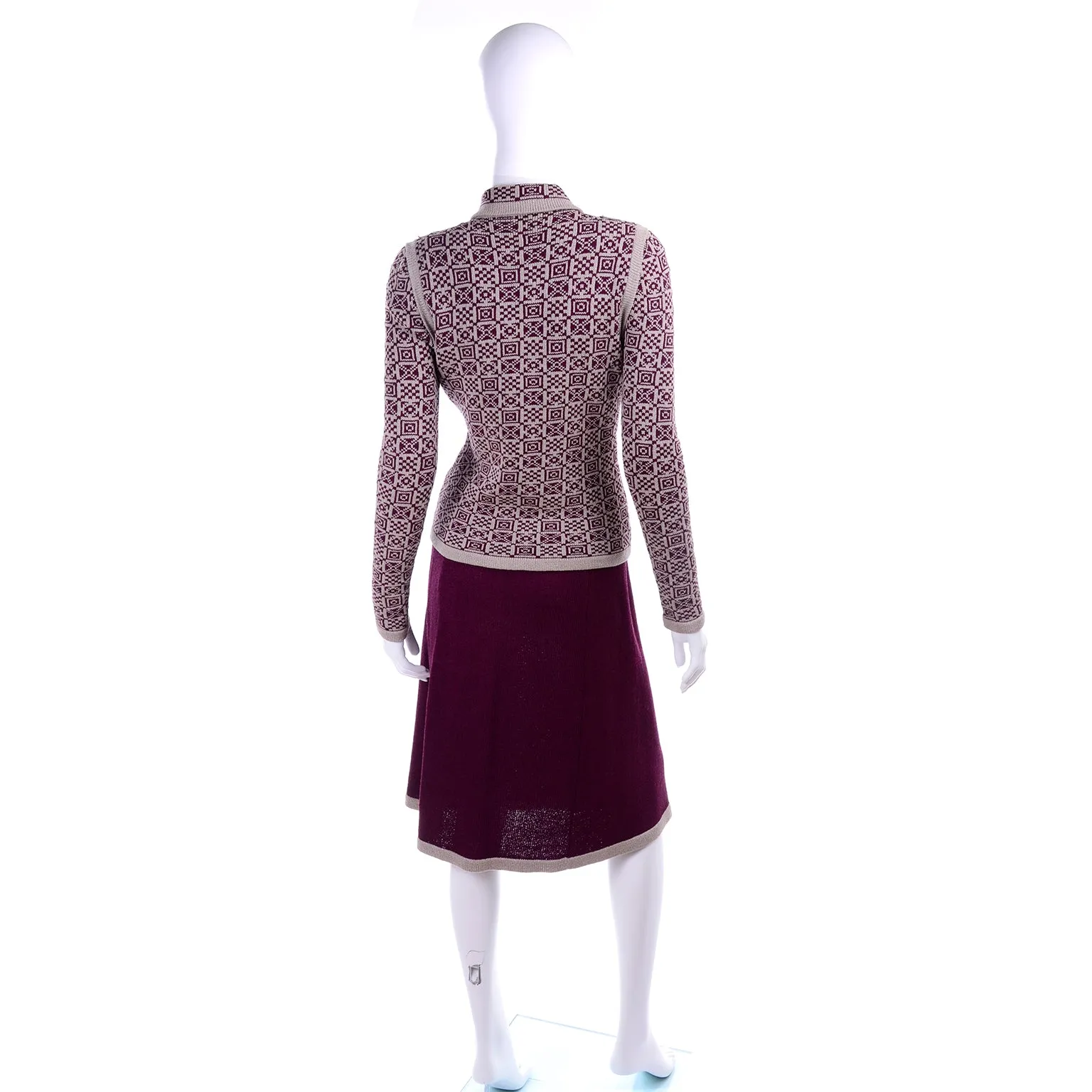 Adolfo 1970s Vintage 2pc Dress & Bow Cardigan Suit in Burgundy & Tan