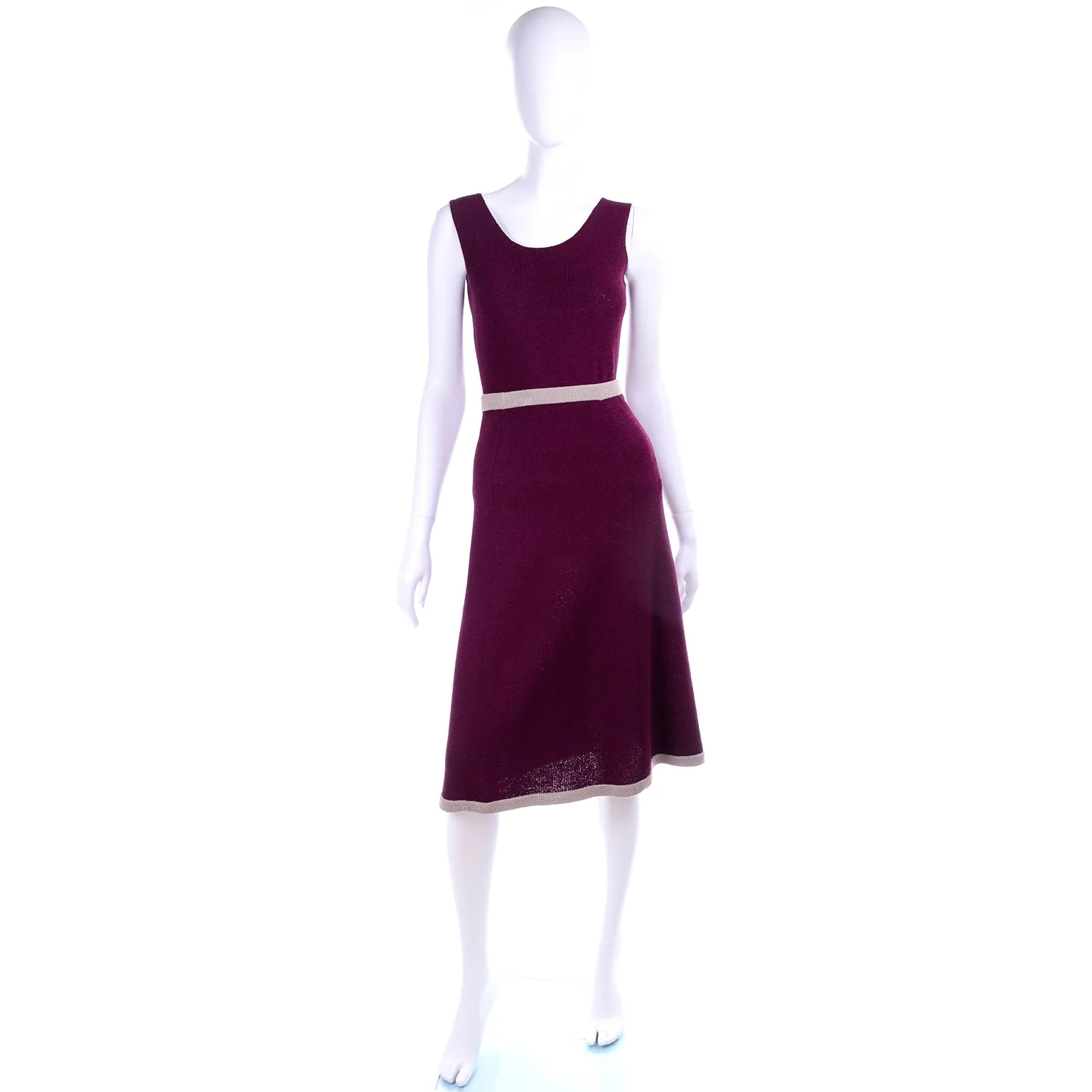 Adolfo 1970s Vintage 2pc Dress & Bow Cardigan Suit in Burgundy & Tan