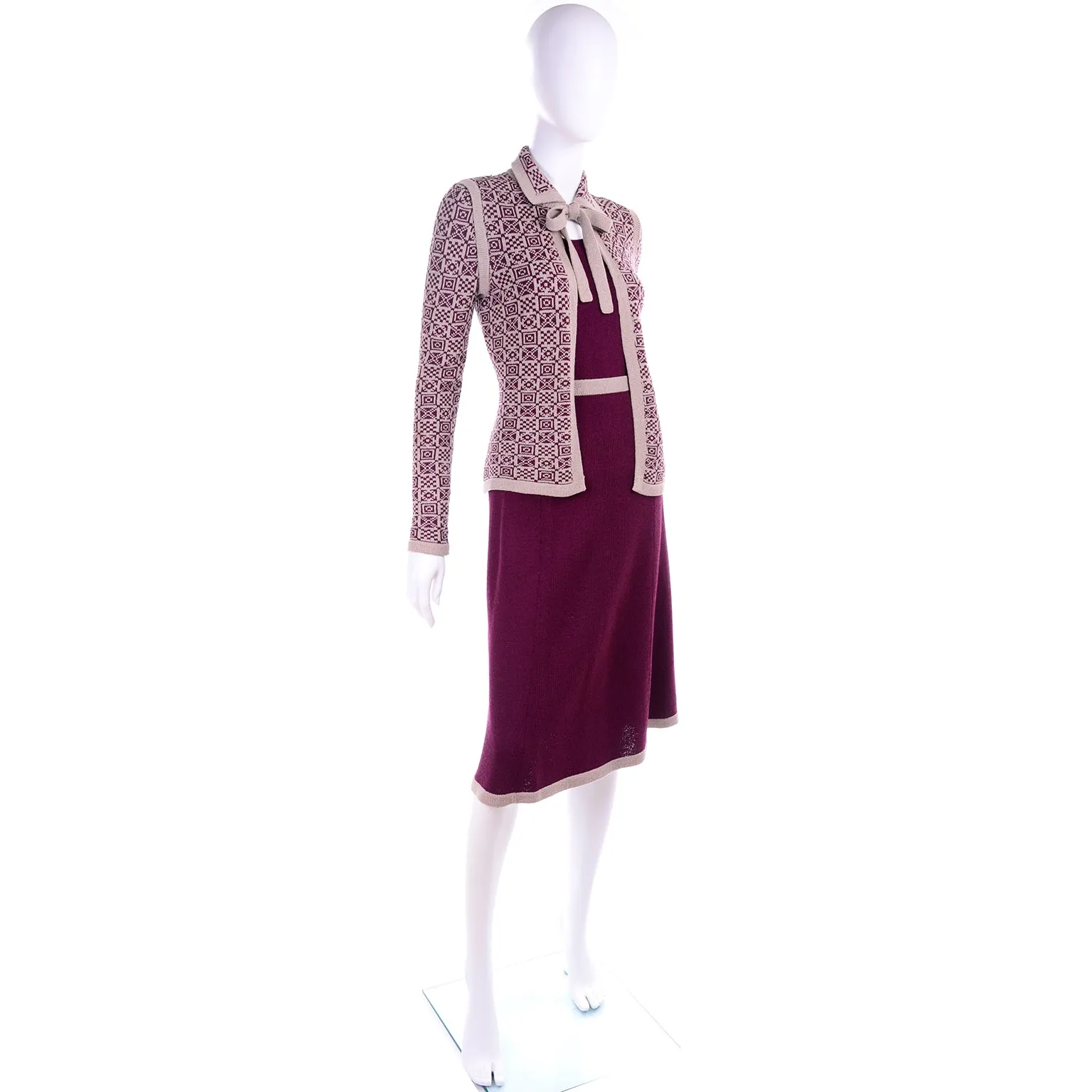 Adolfo 1970s Vintage 2pc Dress & Bow Cardigan Suit in Burgundy & Tan