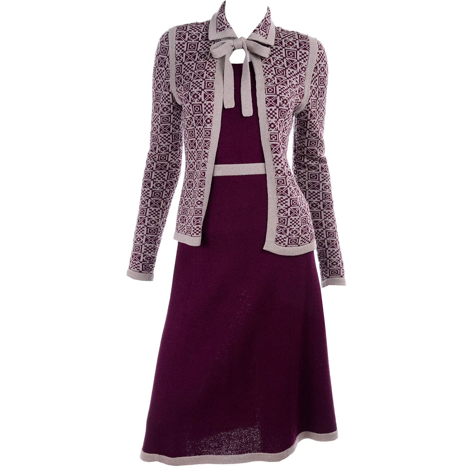 Adolfo 1970s Vintage 2pc Dress & Bow Cardigan Suit in Burgundy & Tan