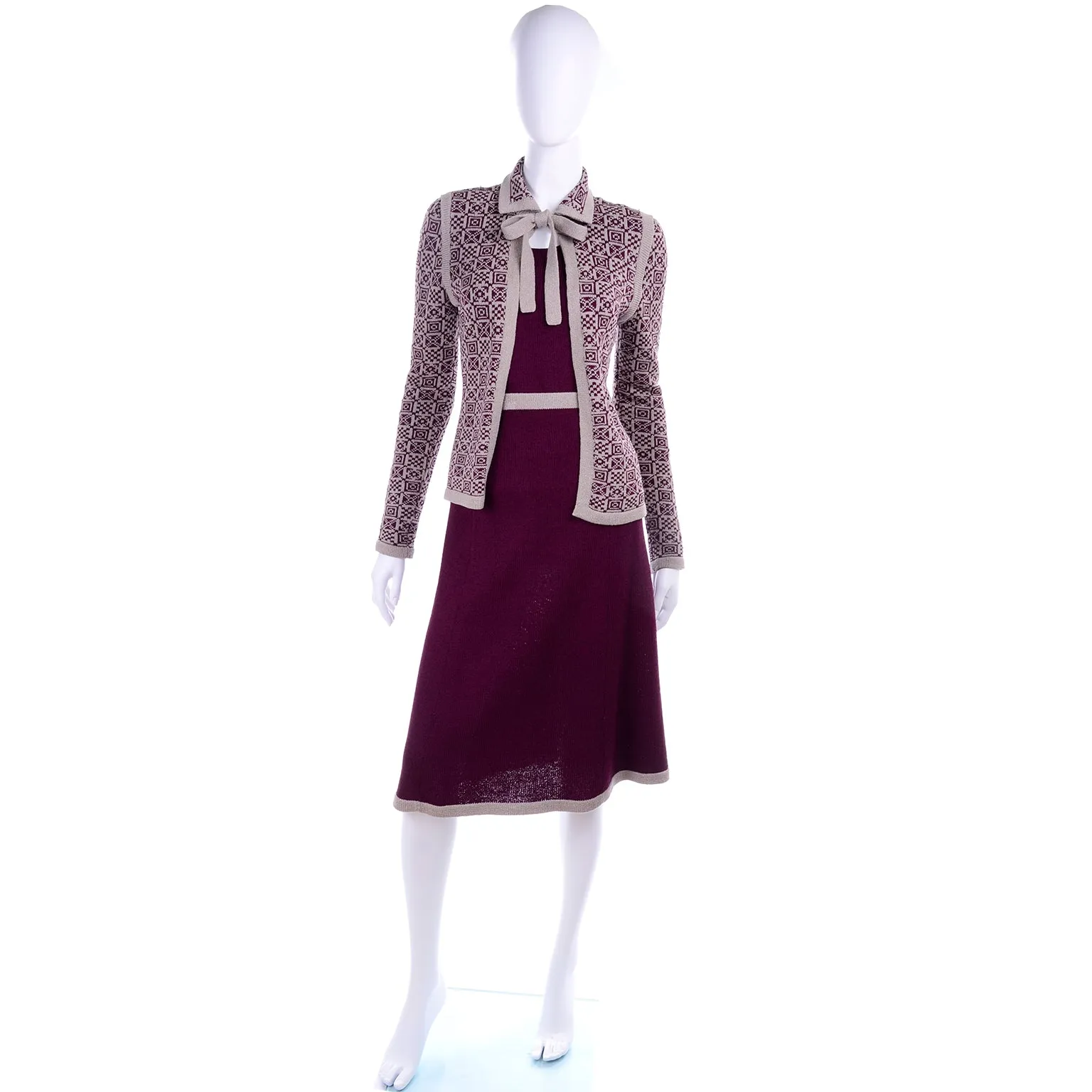 Adolfo 1970s Vintage 2pc Dress & Bow Cardigan Suit in Burgundy & Tan