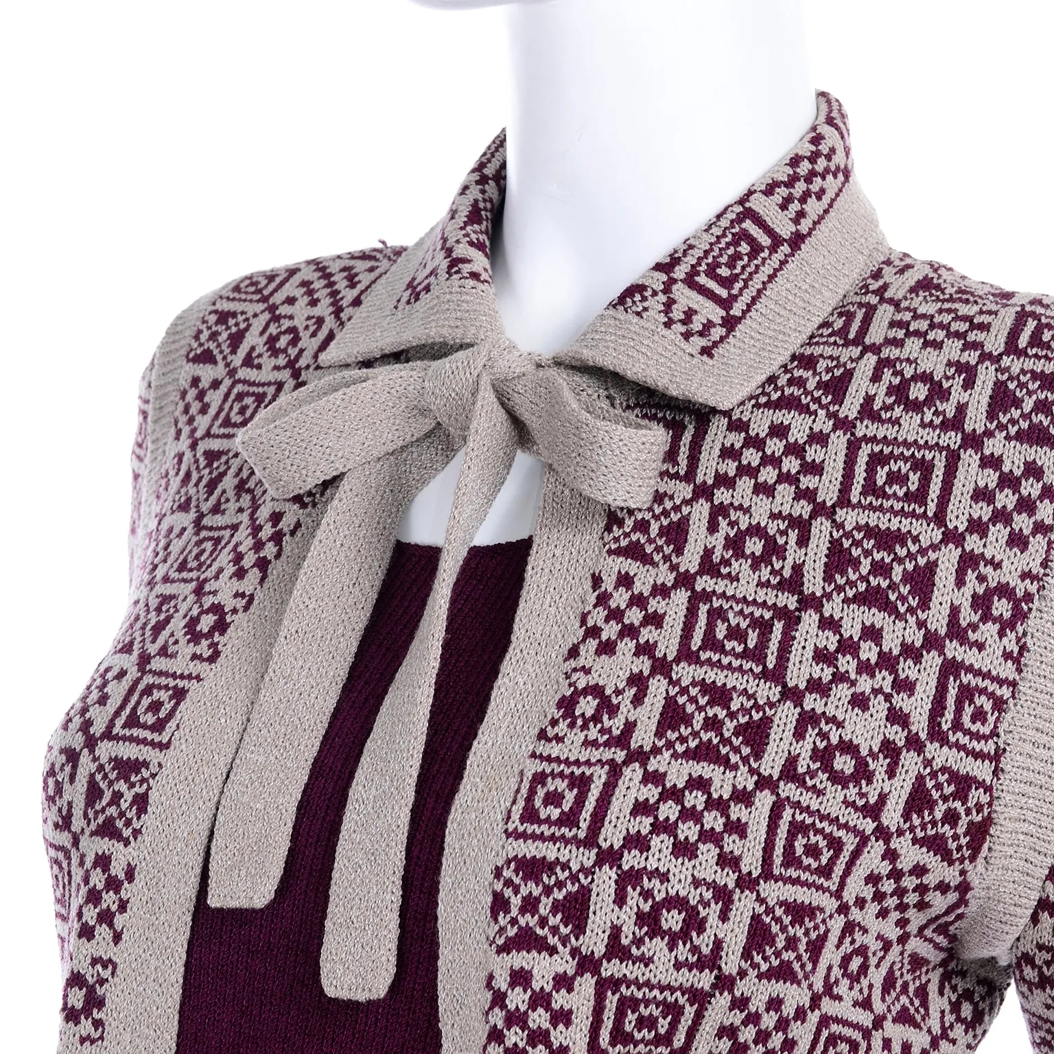 Adolfo 1970s Vintage 2pc Dress & Bow Cardigan Suit in Burgundy & Tan