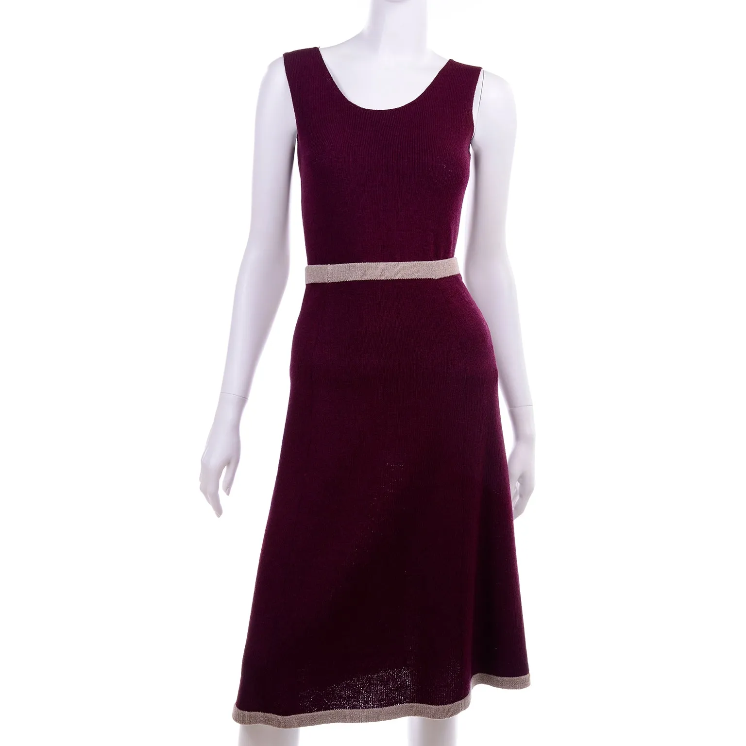 Adolfo 1970s Vintage 2pc Dress & Bow Cardigan Suit in Burgundy & Tan