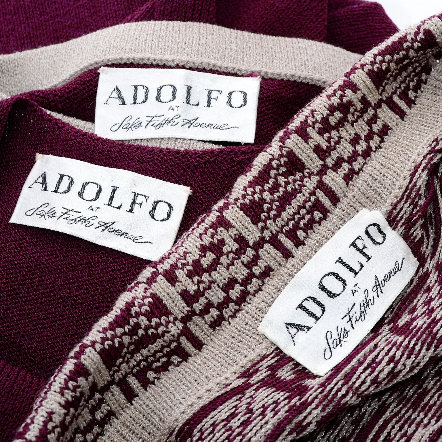 Adolfo 1970s Vintage 2pc Dress & Bow Cardigan Suit in Burgundy & Tan