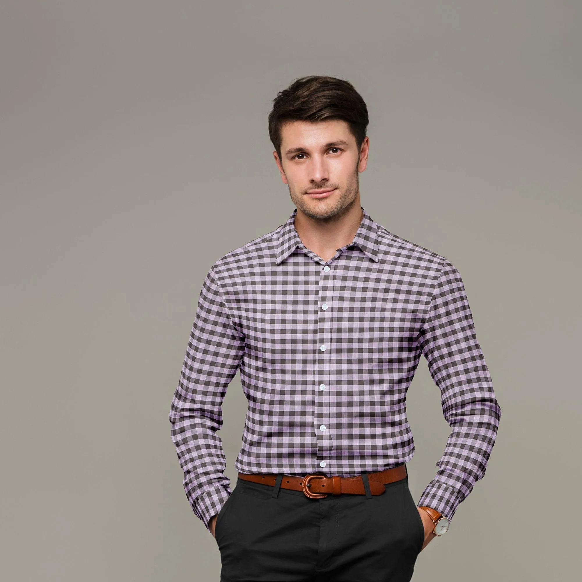 Baby pink Premium Italian 100% cotton shirting fabric with pale brown and brown print in checks design-D10822