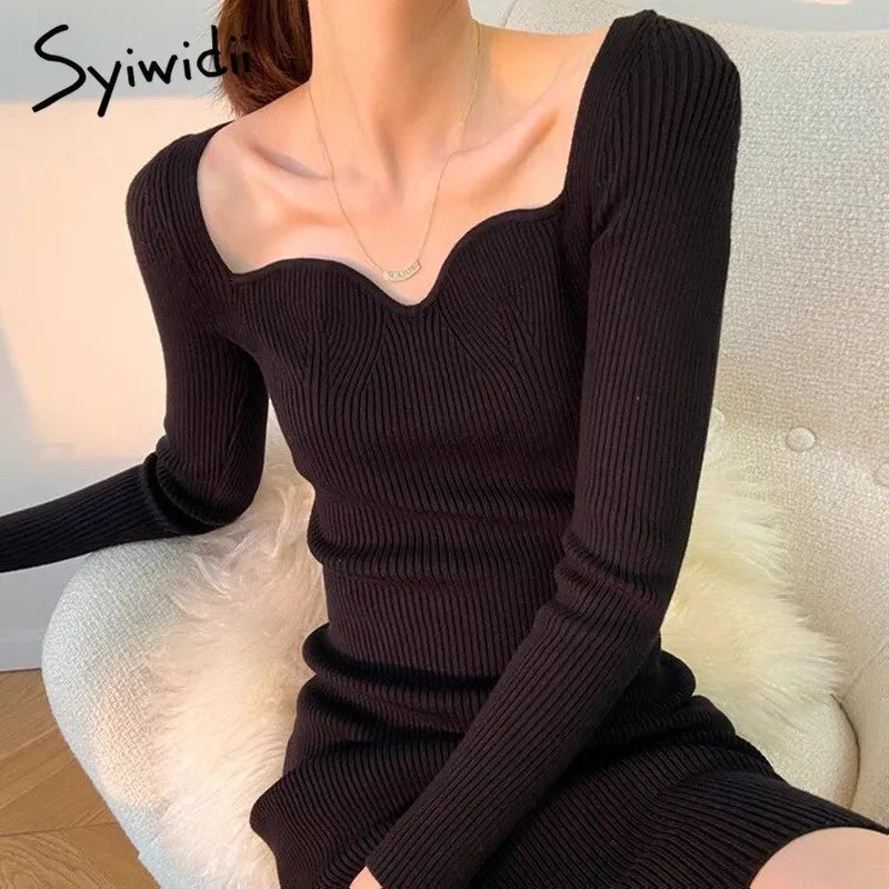 Back to College Joskaa Vintage Bandage Dress Woman Long Sleeve Sexy Square Collar Formal Midi Long Office Sweater Dresses Beige Black Burgundy