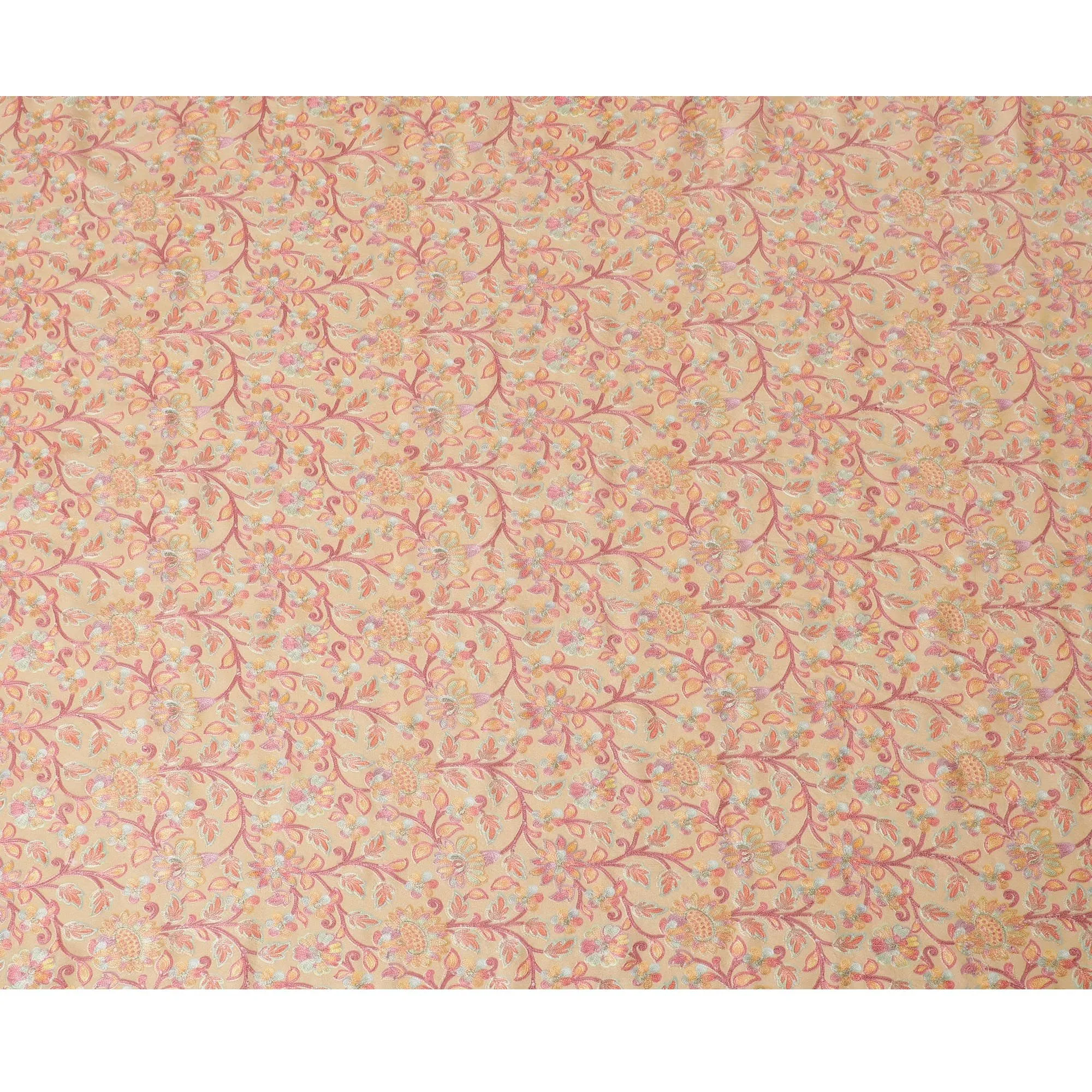 Beige Premium pure cotton silk fabric with multicolor embroidery in floral design-D16867