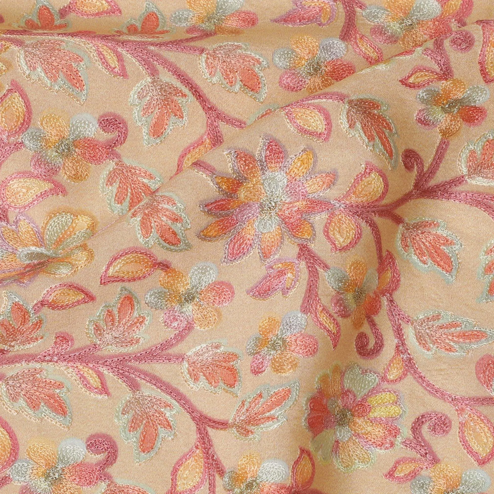 Beige Premium pure cotton silk fabric with multicolor embroidery in floral design-D16867