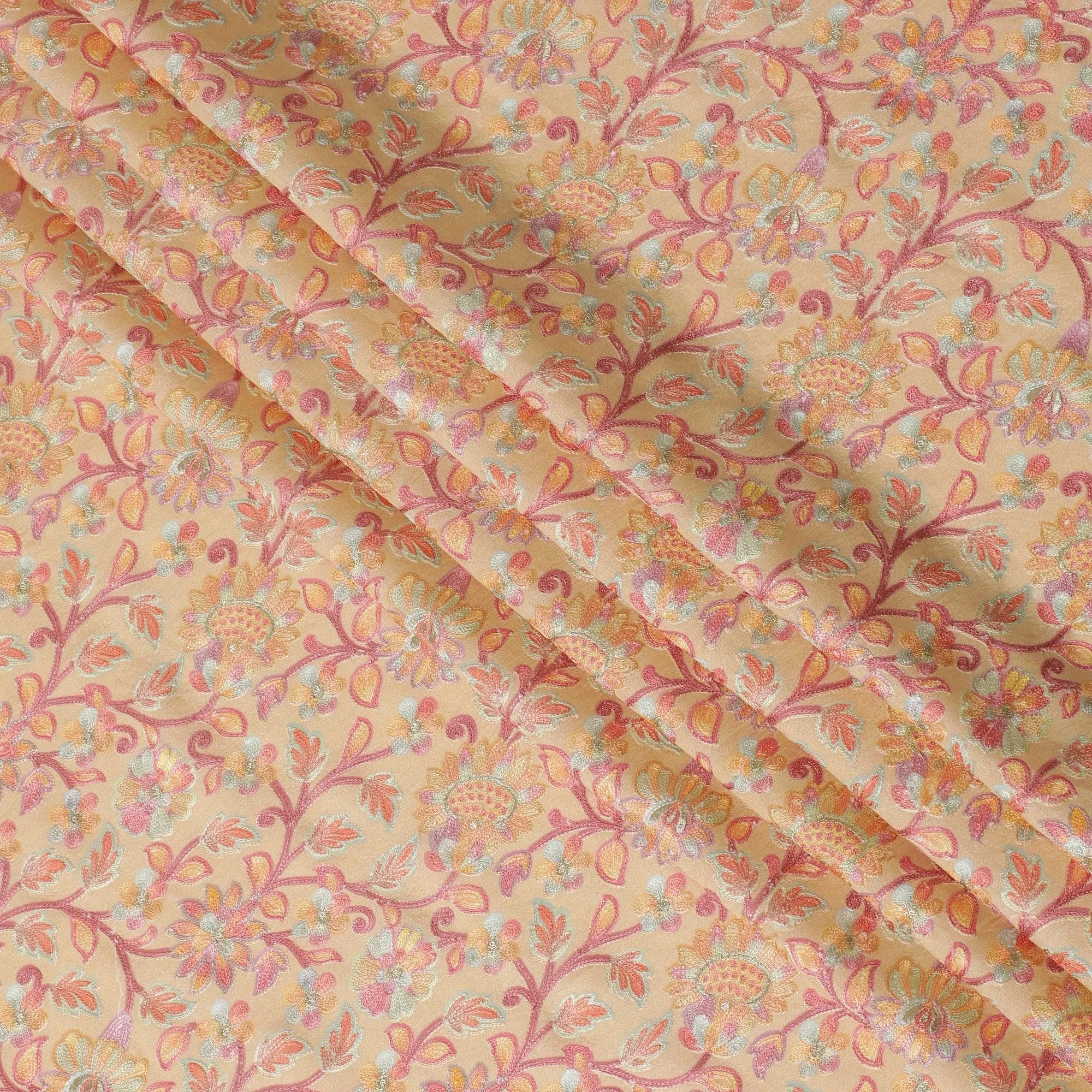 Beige Premium pure cotton silk fabric with multicolor embroidery in floral design-D16867
