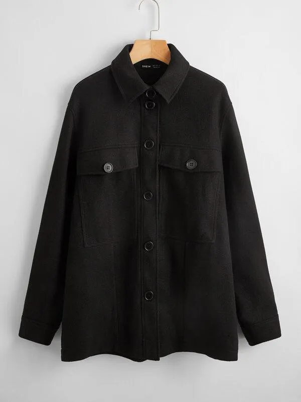 Button Front Pocket Patched Coat for Women