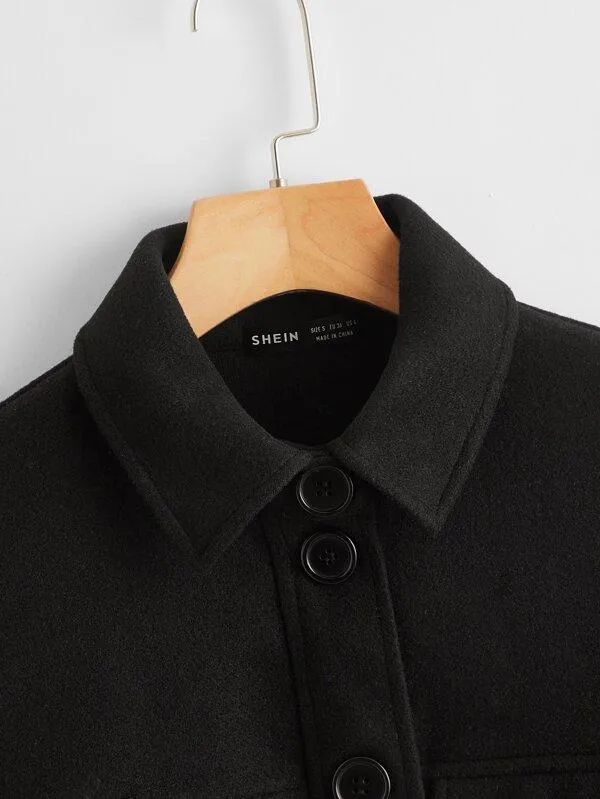 Button Front Pocket Patched Coat for Women