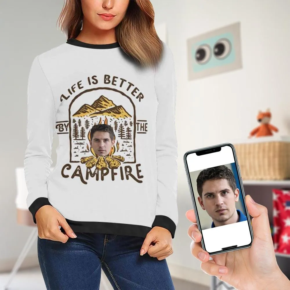 Custom Face Campfire Women's Casual Crew Neck Sweatshirt Personalized Long Sleeve Loose Sweatshirt, Best Gift For Her