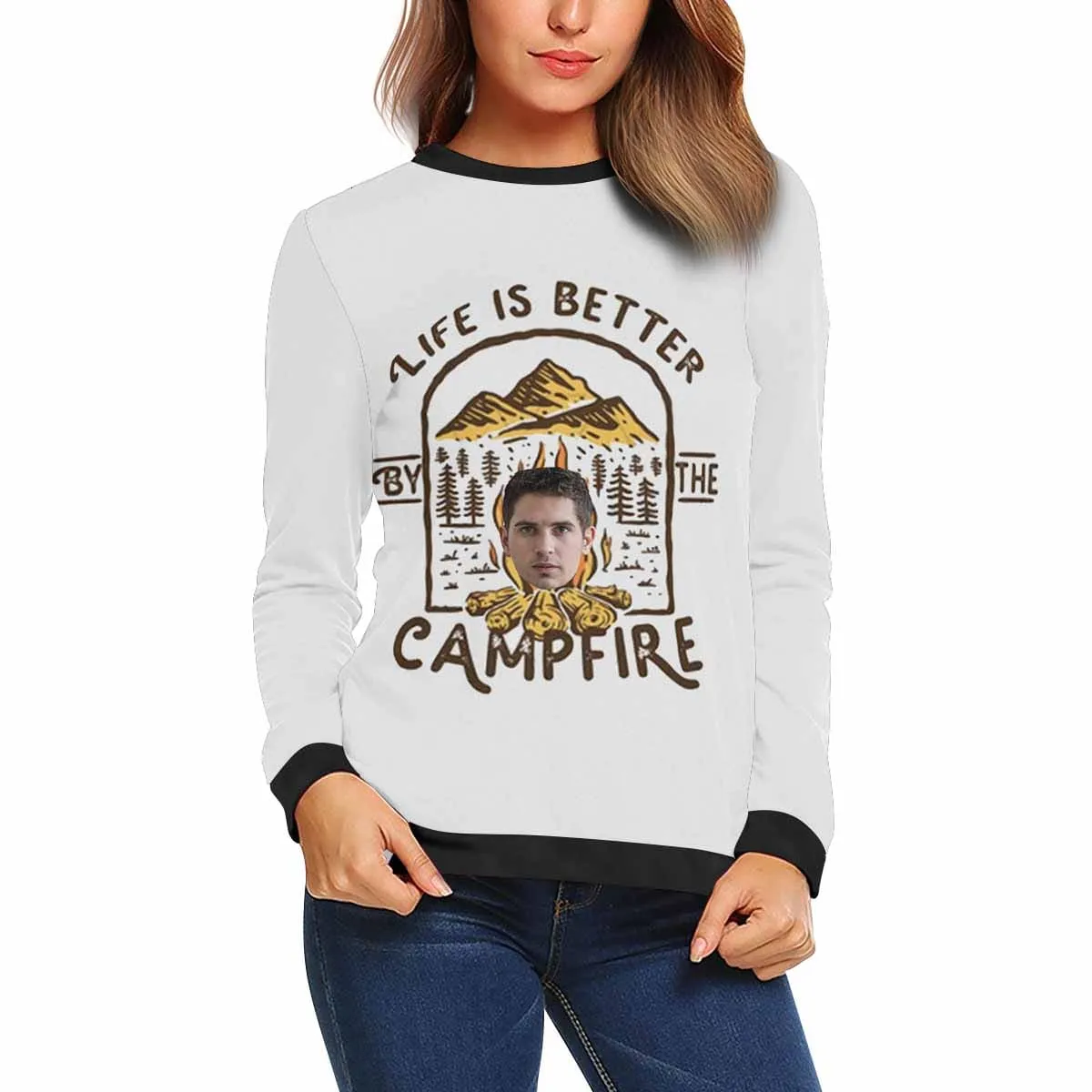 Custom Face Campfire Women's Casual Crew Neck Sweatshirt Personalized Long Sleeve Loose Sweatshirt, Best Gift For Her