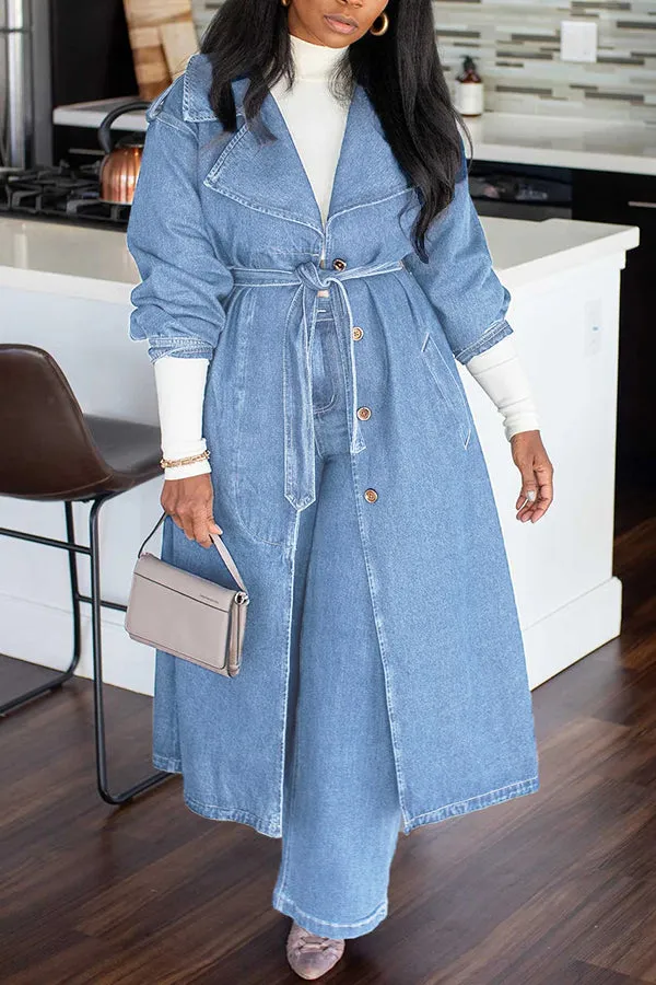 Elegant Collared Belted Long Denim Trench Coat