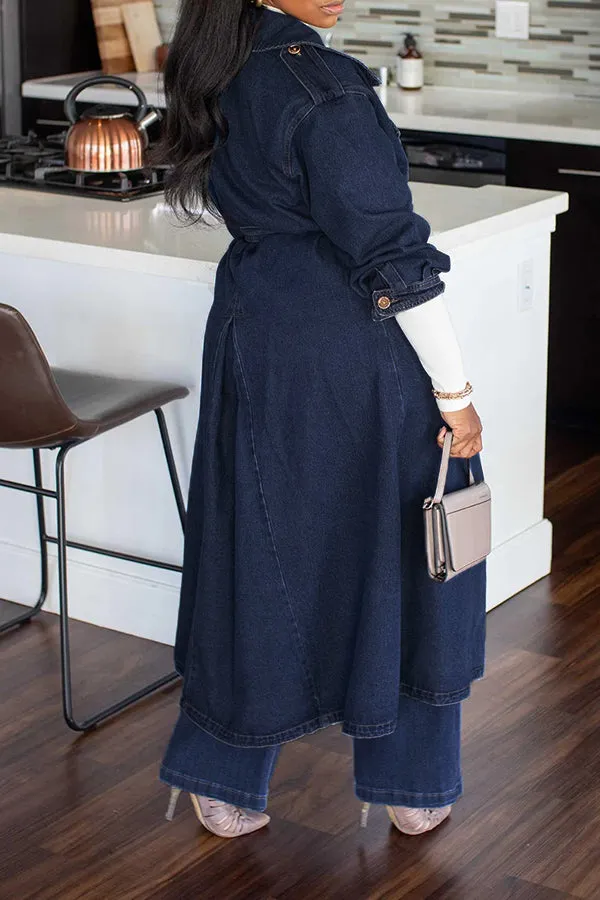 Elegant Collared Belted Long Denim Trench Coat