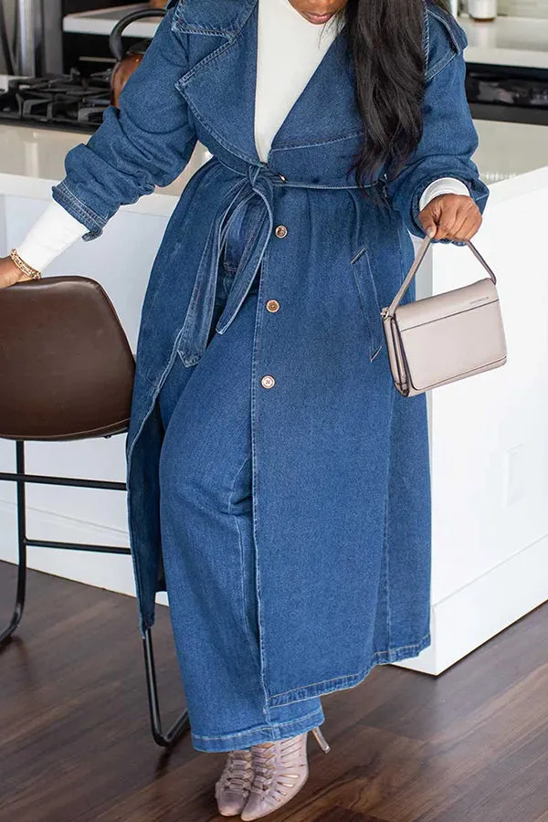 Elegant Collared Belted Long Denim Trench Coat