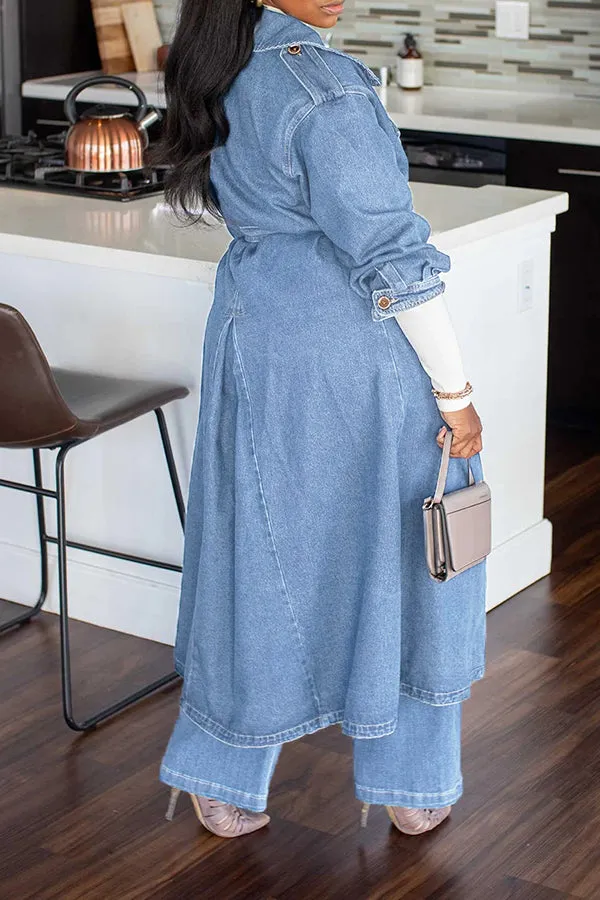 Elegant Collared Belted Long Denim Trench Coat