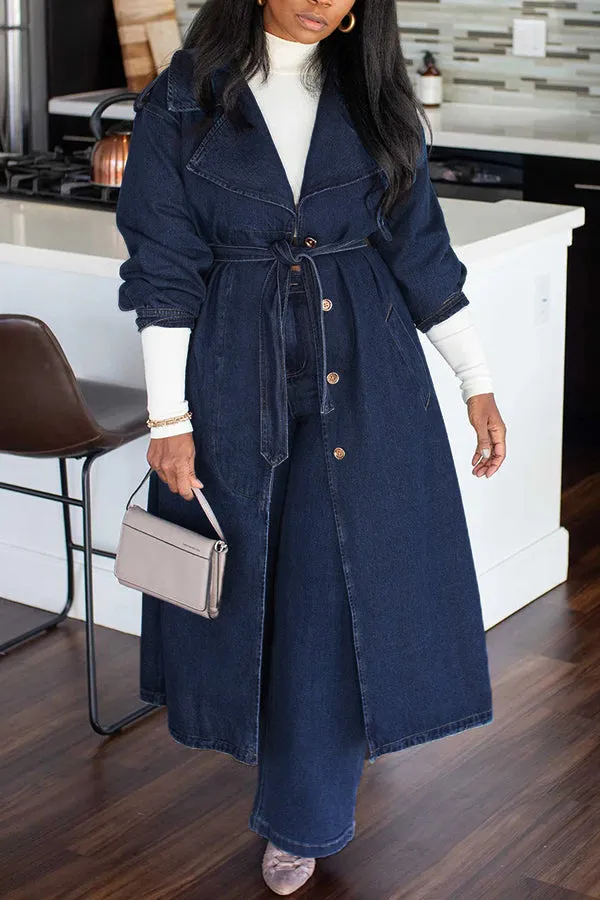 Elegant Collared Belted Long Denim Trench Coat