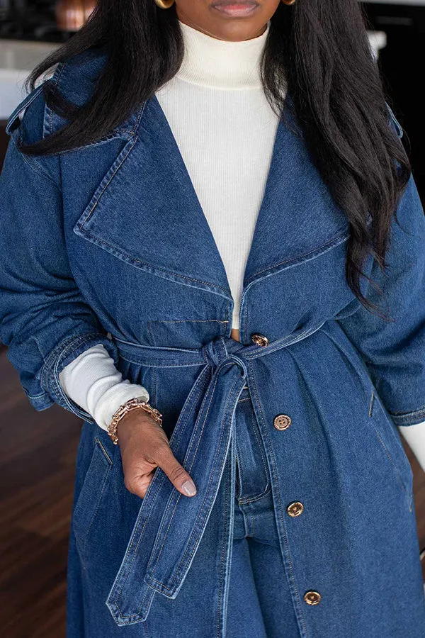 Elegant Collared Belted Long Denim Trench Coat
