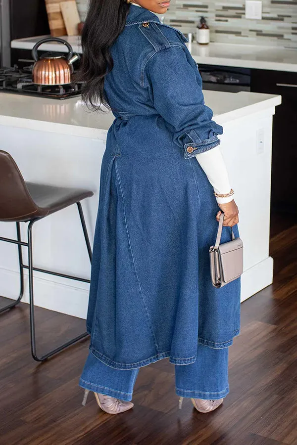 Elegant Collared Belted Long Denim Trench Coat