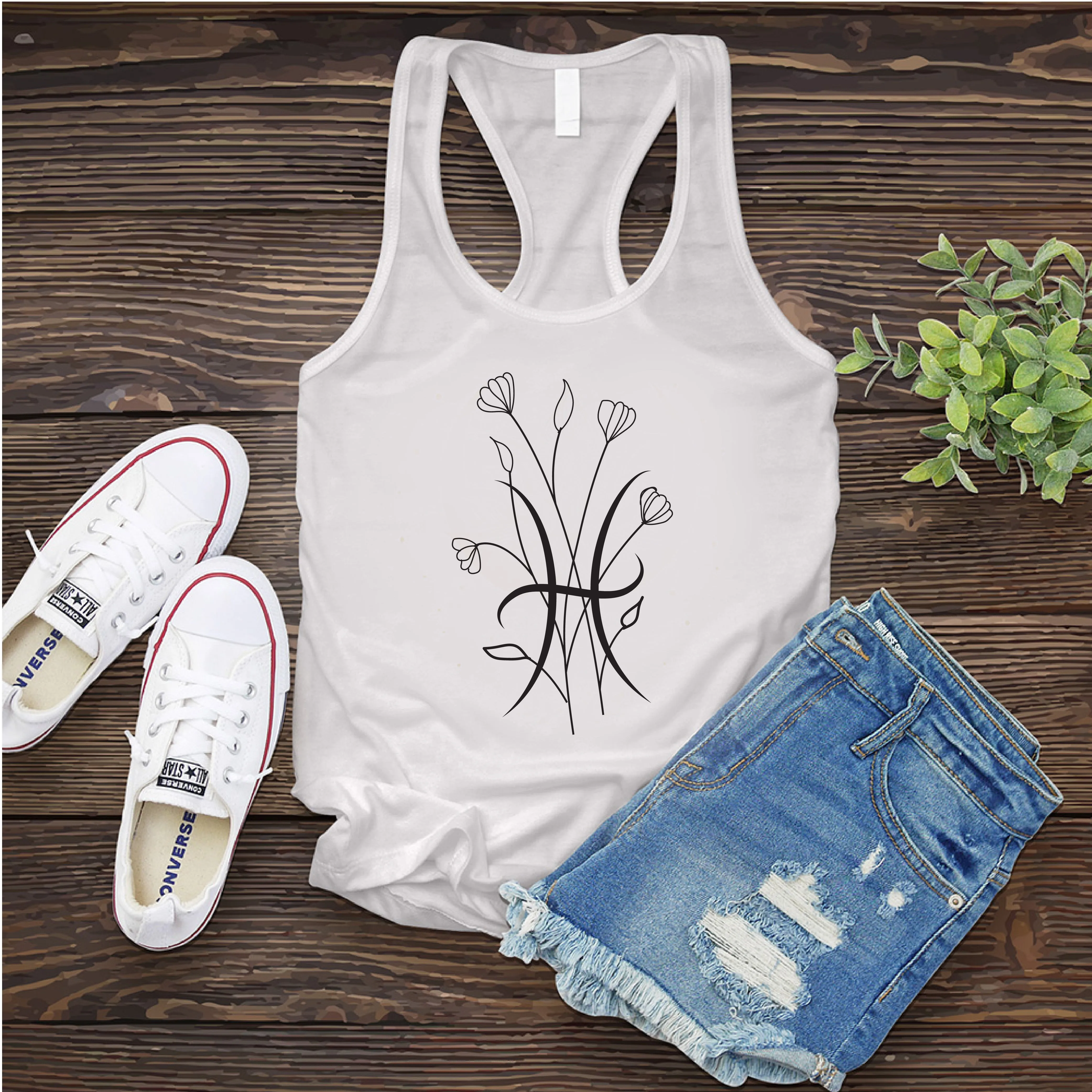 Floral Pisces Symbol Women's Tank Top