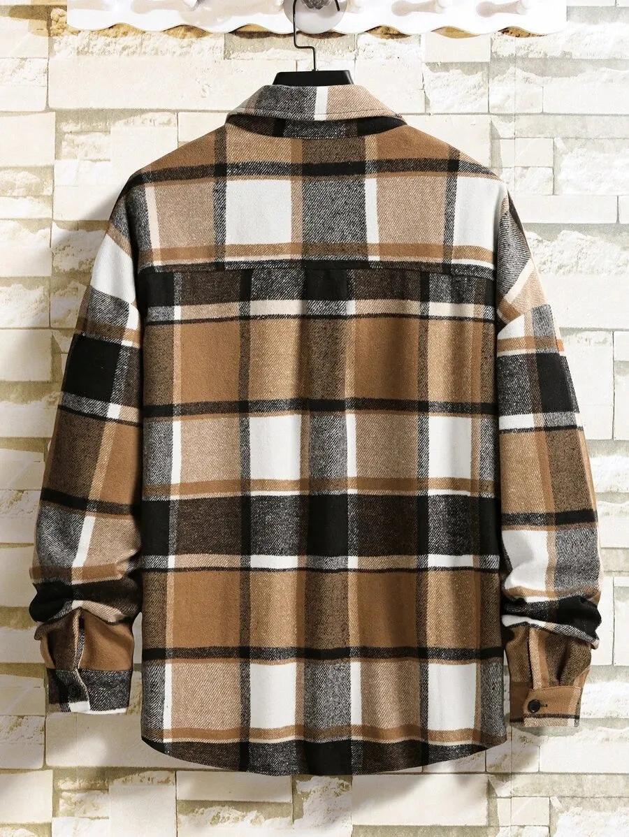 Homme  Plaid Flap Detail Drop Shoulder Overcoat Without Tee