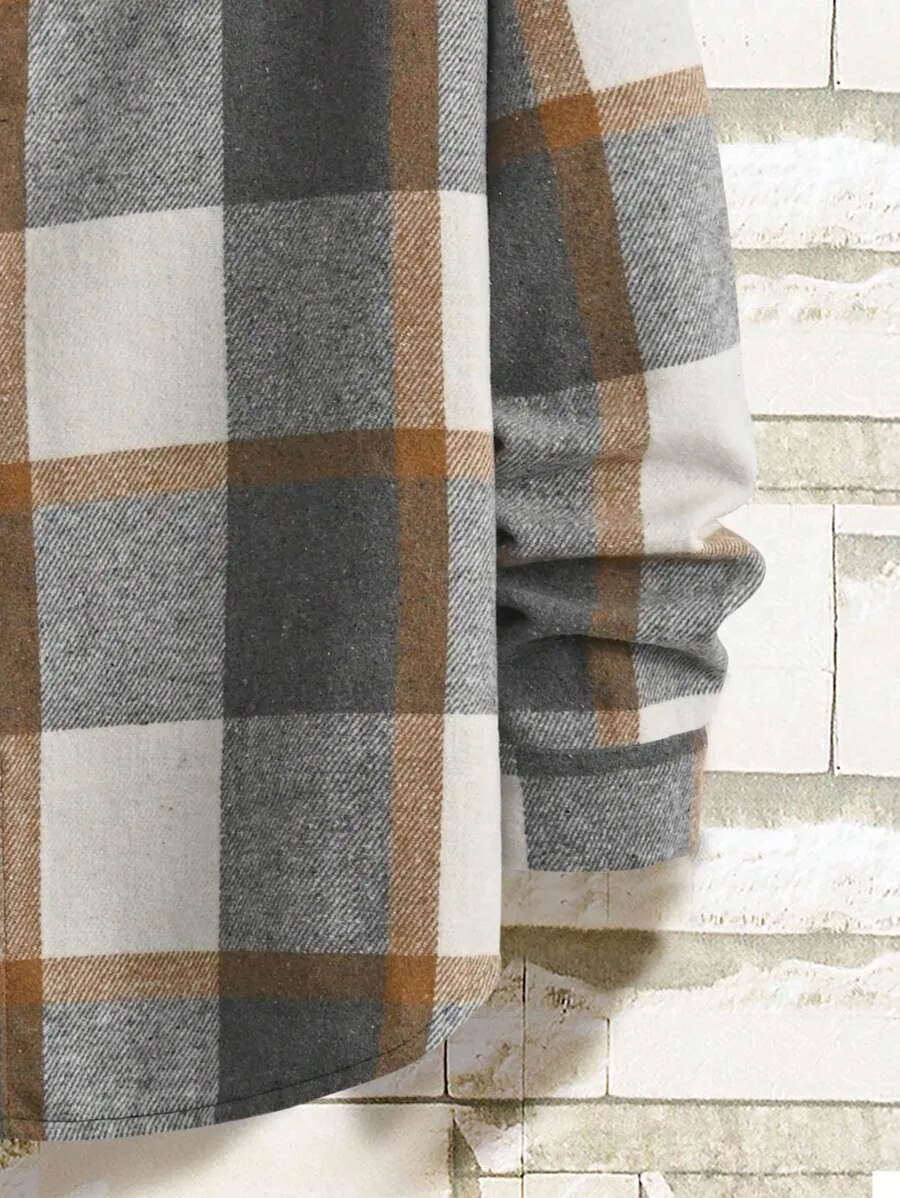Homme  Plaid Flap Detail Drop Shoulder Overcoat Without Tee