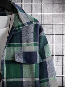 Homme  Plaid Flap Detail Drop Shoulder Overcoat Without Tee