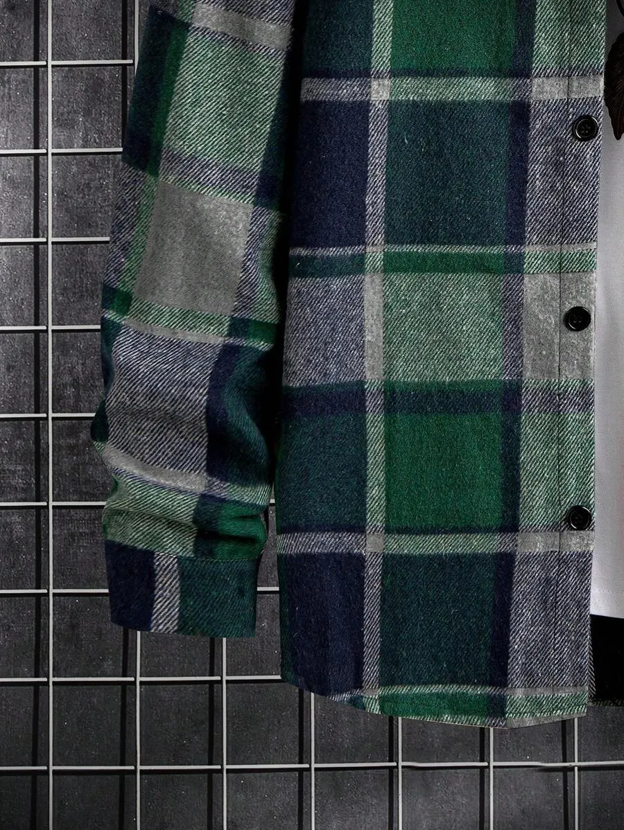 Homme  Plaid Flap Detail Drop Shoulder Overcoat Without Tee