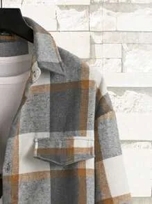 Homme  Plaid Flap Detail Drop Shoulder Overcoat Without Tee