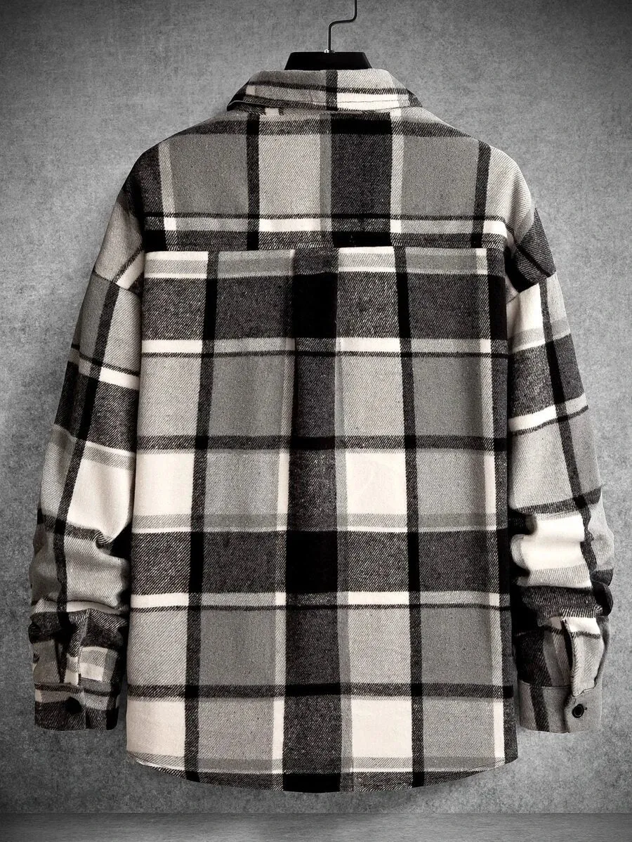 Homme  Plaid Flap Detail Drop Shoulder Overcoat Without Tee