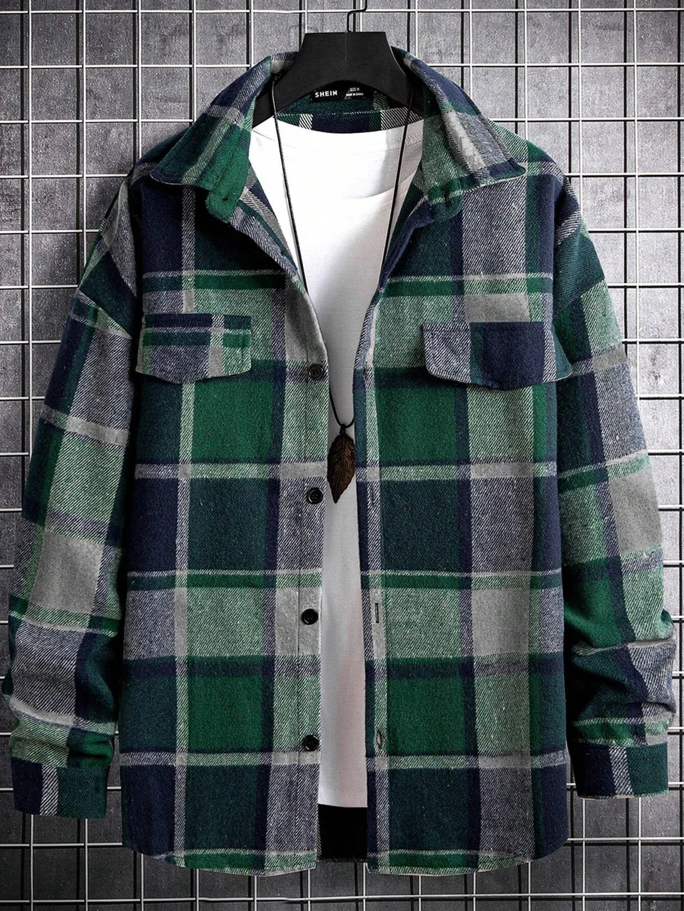 Homme  Plaid Flap Detail Drop Shoulder Overcoat Without Tee