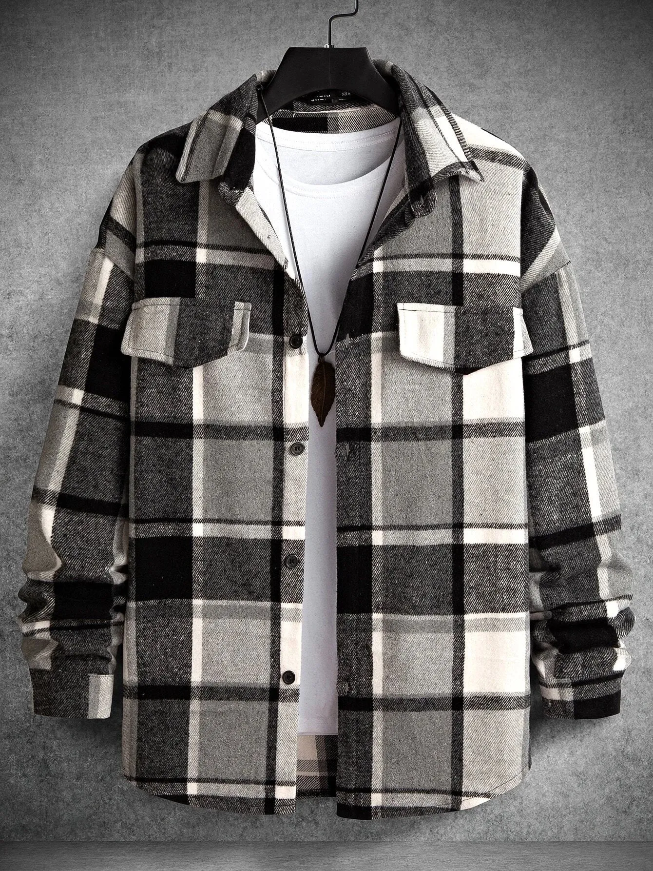 Homme  Plaid Flap Detail Drop Shoulder Overcoat Without Tee