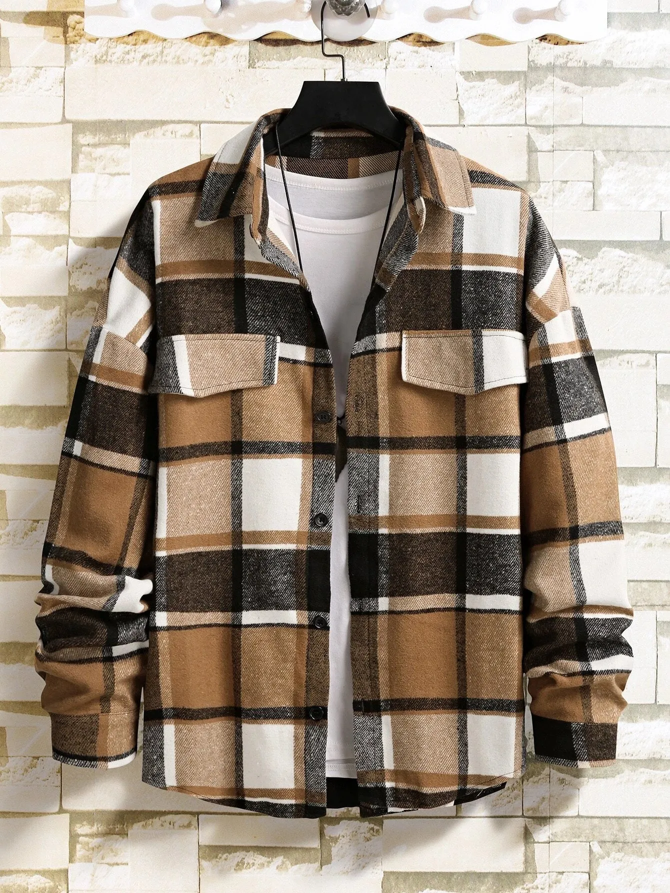 Homme  Plaid Flap Detail Drop Shoulder Overcoat Without Tee