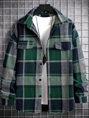 Homme  Plaid Flap Detail Drop Shoulder Overcoat Without Tee