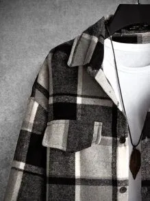 Homme  Plaid Flap Detail Drop Shoulder Overcoat Without Tee
