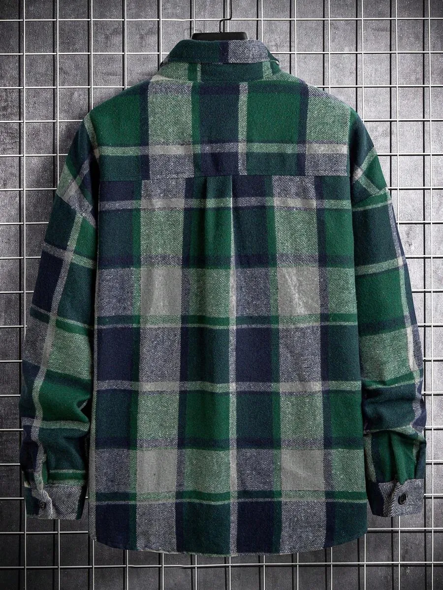Homme  Plaid Flap Detail Drop Shoulder Overcoat Without Tee