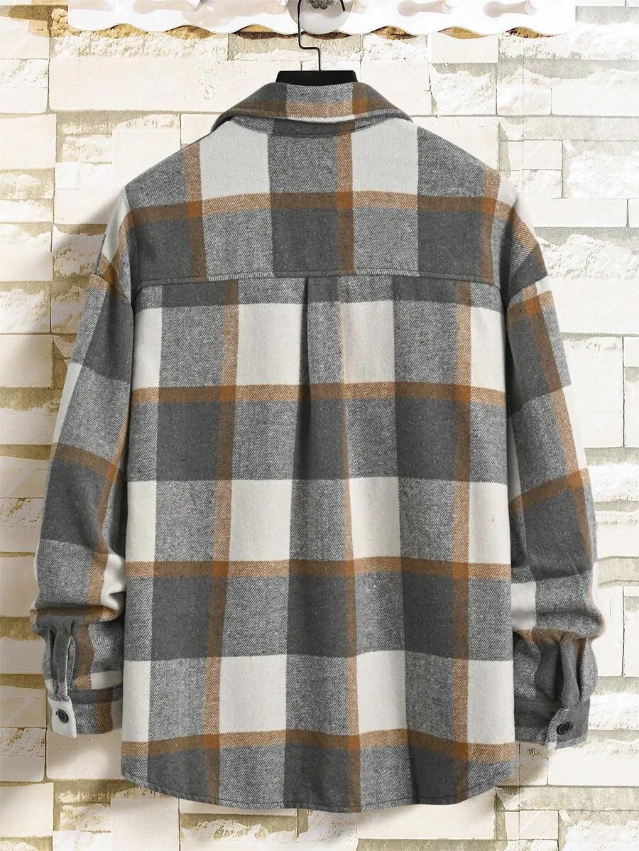 Homme  Plaid Flap Detail Drop Shoulder Overcoat Without Tee