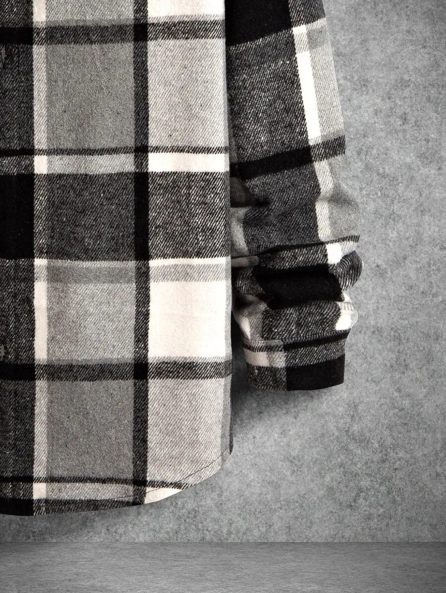Homme  Plaid Flap Detail Drop Shoulder Overcoat Without Tee
