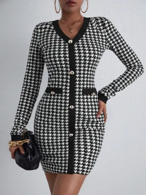 KittenAlarm - Houndstooth Button Up Bodycon Dress