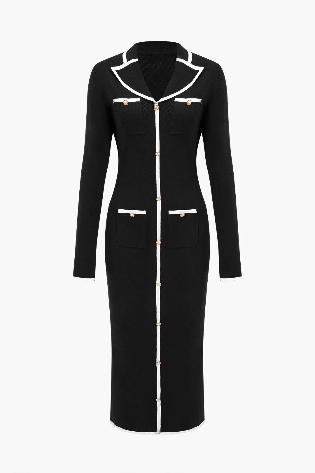 Knit Long Sleeve Button Pocket Dress