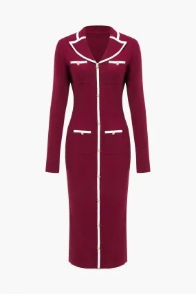 Knit Long Sleeve Button Pocket Dress