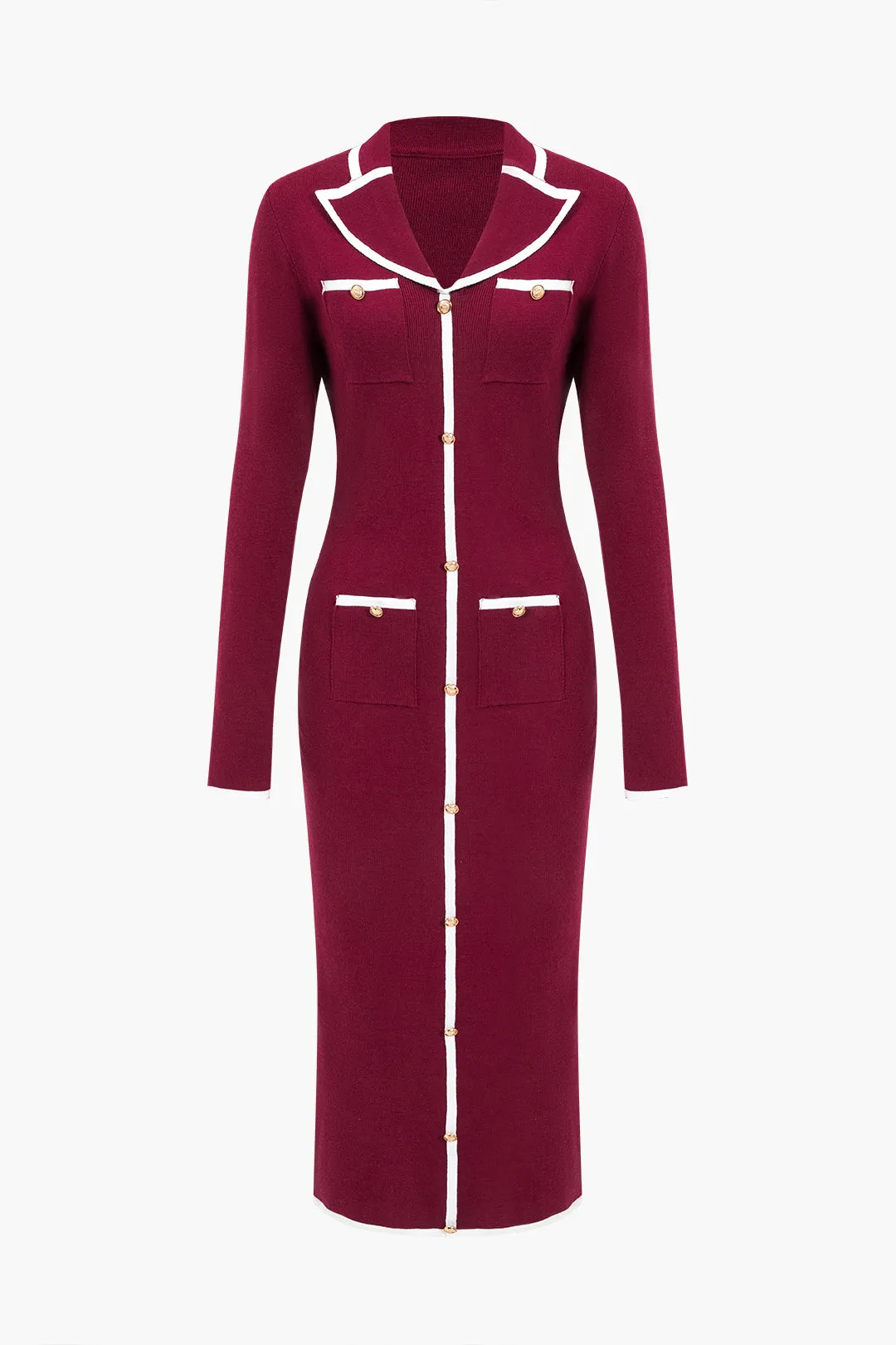 Knit Long Sleeve Button Pocket Dress