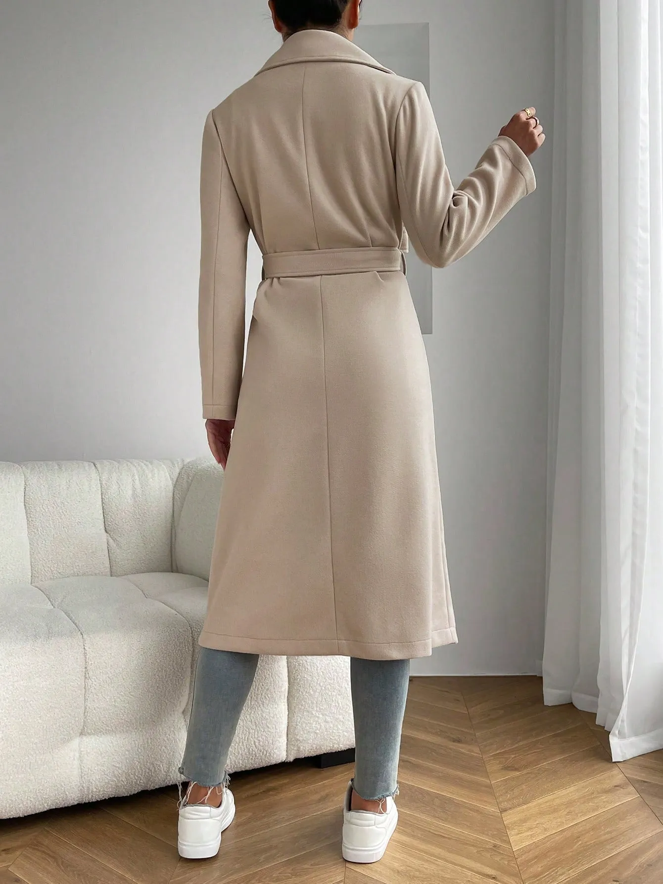 Lapel Neck Dual Pocket Belted Overcoat