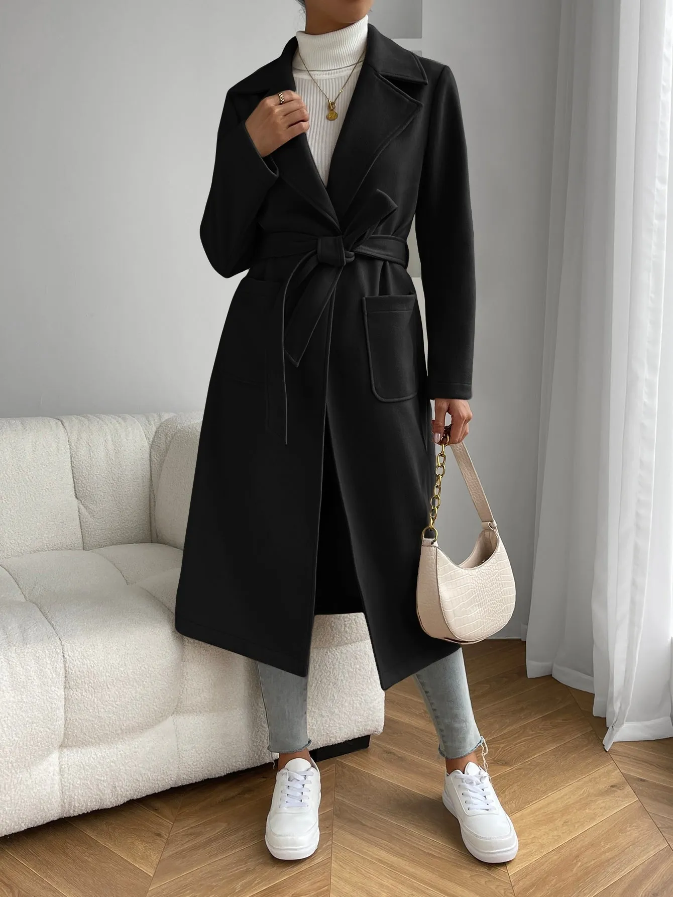 Lapel Neck Dual Pocket Belted Overcoat