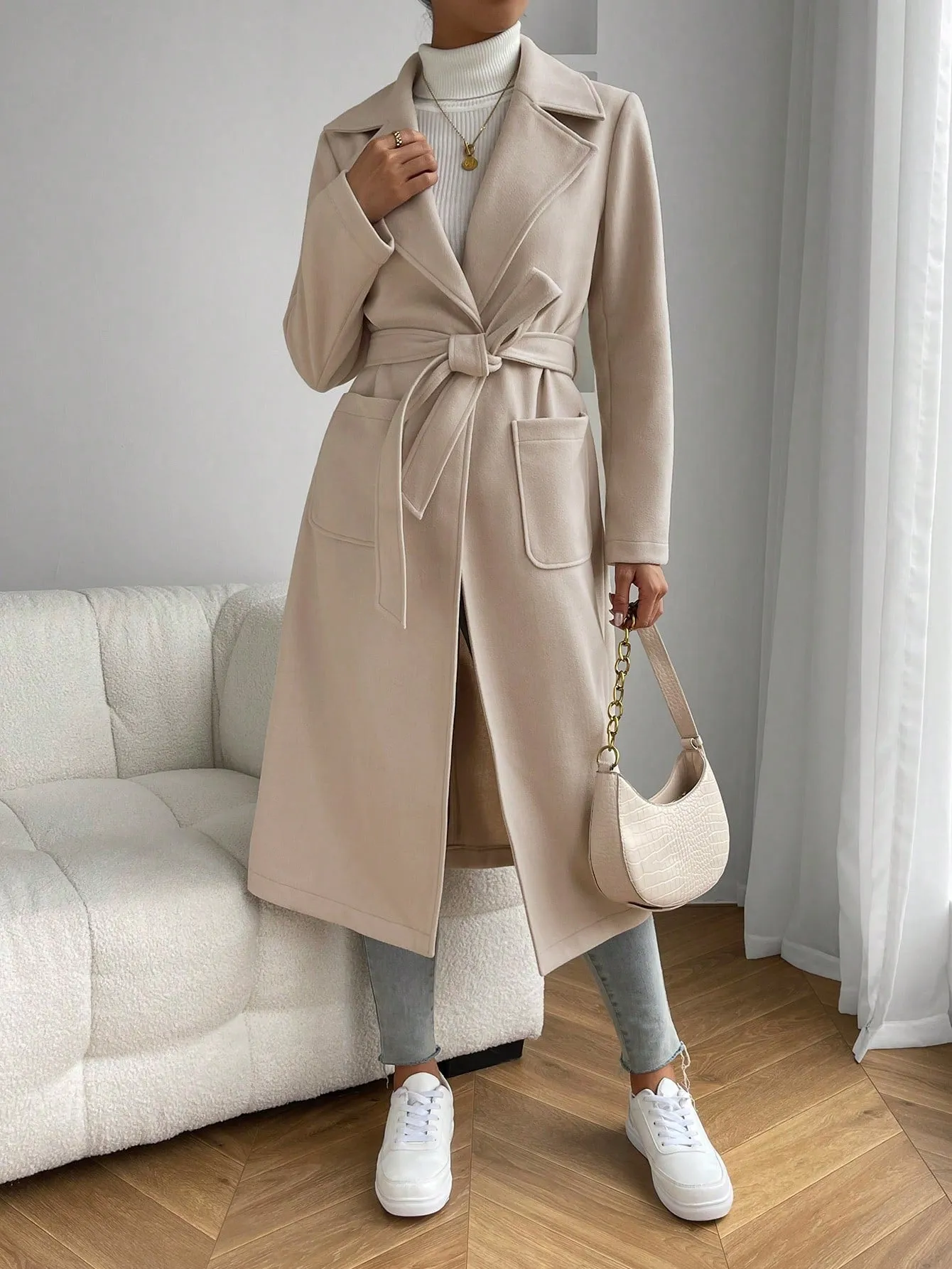 Lapel Neck Dual Pocket Belted Overcoat