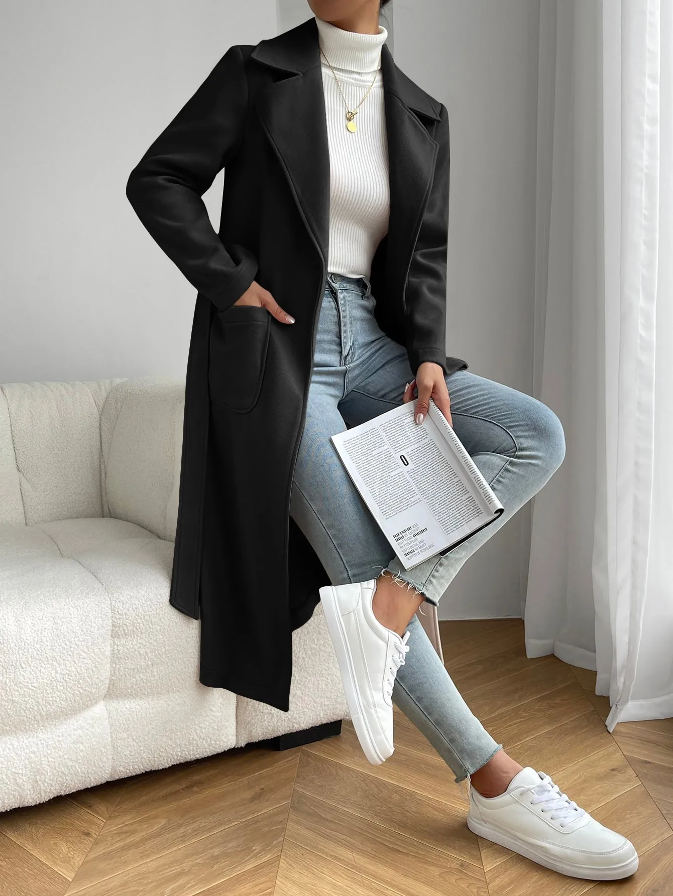 Lapel Neck Dual Pocket Belted Overcoat